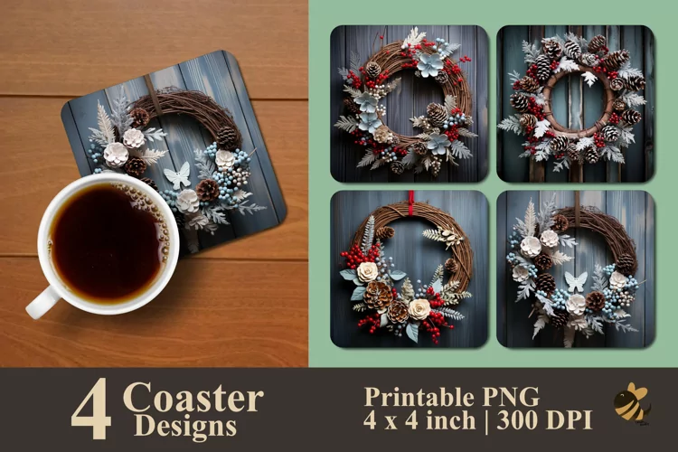 Winter Wreath Coaster Sublimation Designs