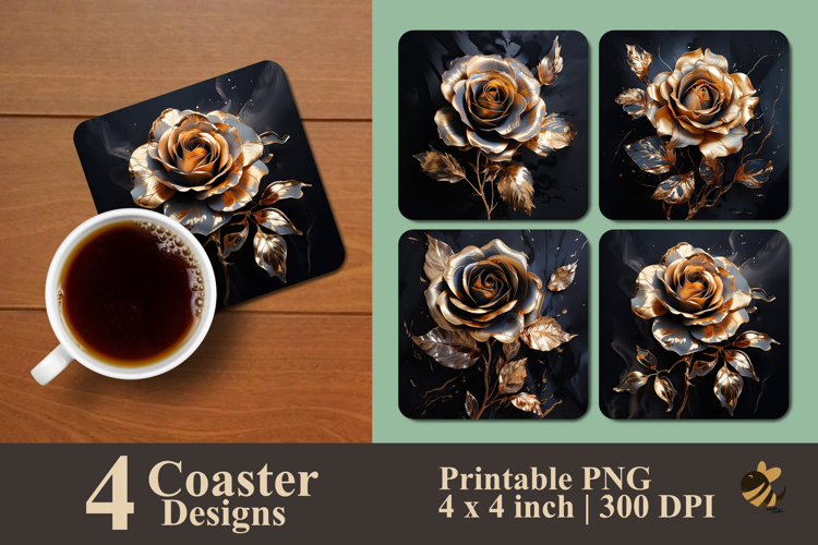 Gold Tinted Watercolor Rose Coaster Sublimation Design