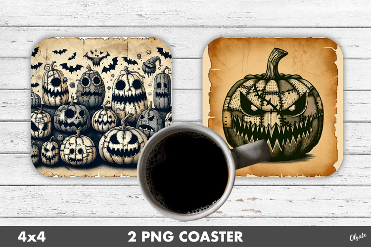 Monster Pumpkin Coaster. Distressed Parchment Coaster PNG