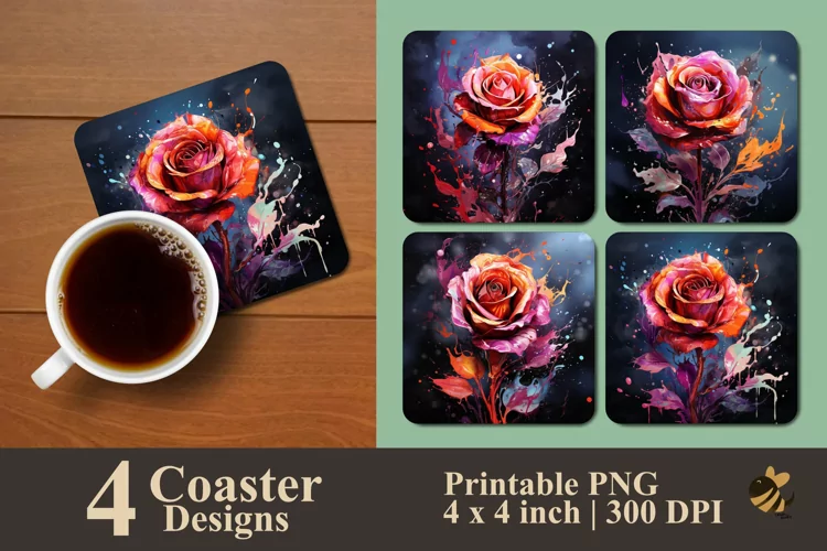 Splash Rose Coaster Sublimation Designs