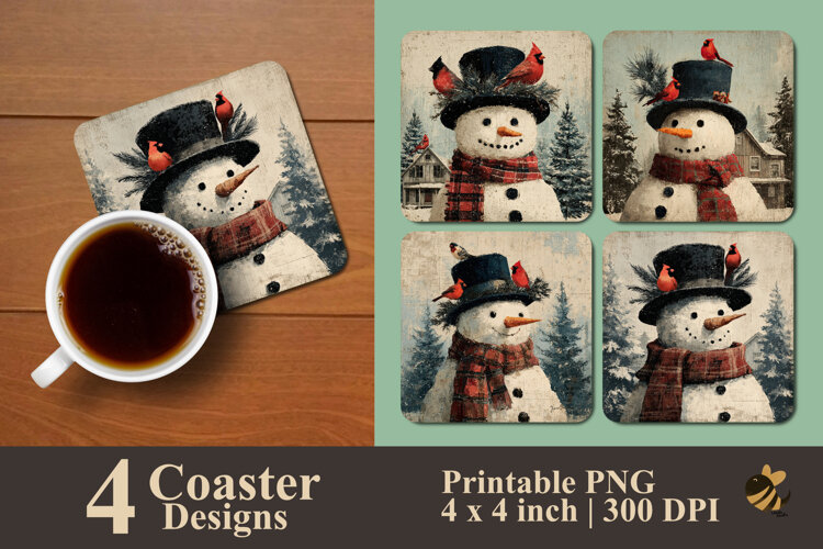 Whimsical Snowman And Bird Coaster Sublimation Design example image 1