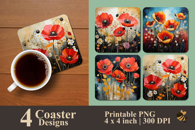 Vivid Poppies Flower Coaster Sublimation Design