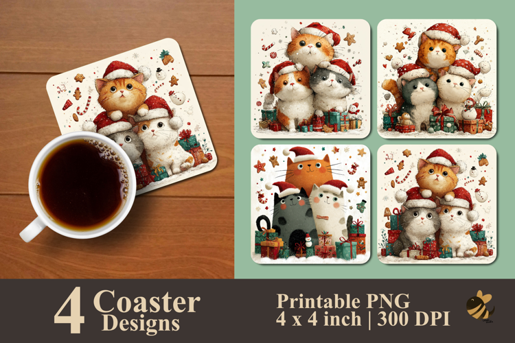Cats Waiting For Winter Gifts Coaster Sublimation Design