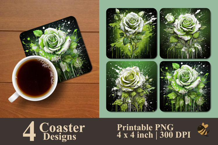Green Patterned White Rose Coaster Sublimation Design