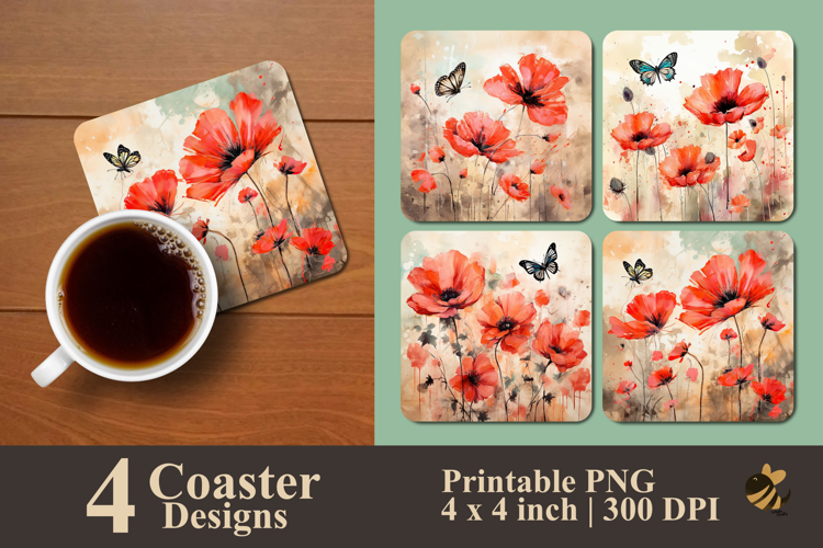 Retro Poppy Flower And Butterfly Coaster Sublimation Design