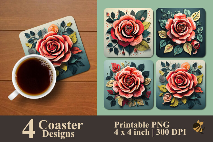 Rose Flat Papercraft Coaster Sublimation Design example image 1