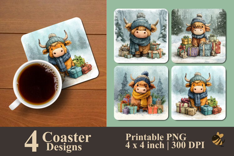 Winter Highland Cow Coaster Sublimation Design example image 1