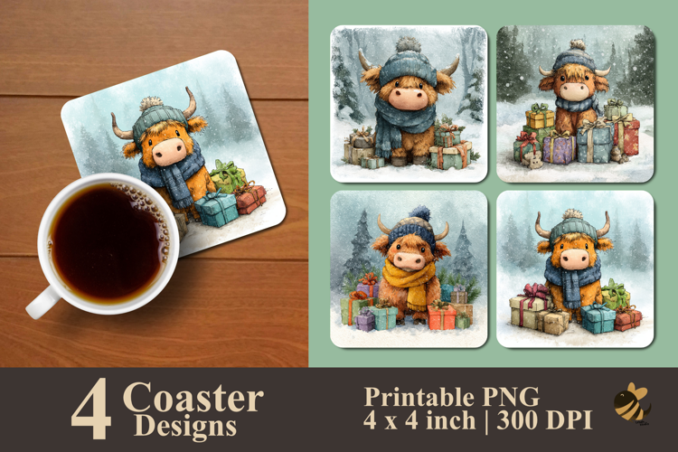 Winter Highland Cow Coaster Sublimation Design