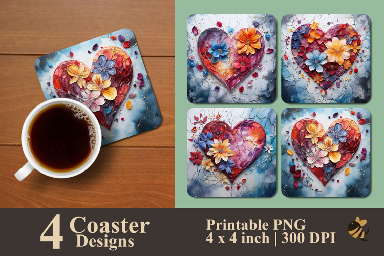 Flower And Heart Coaster Sublimation Design