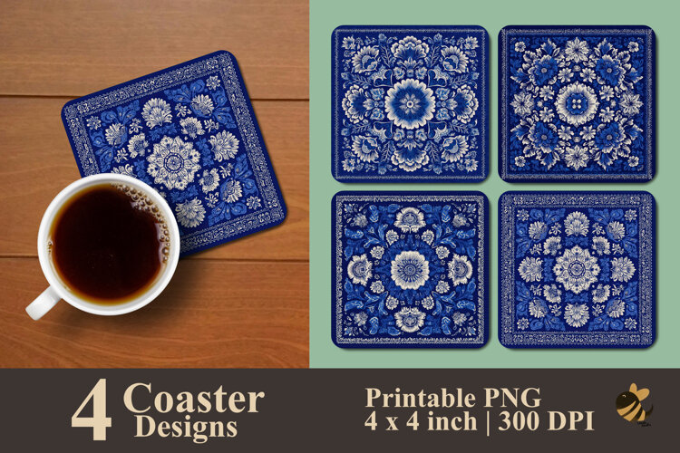 Cerulean Bloom Watercolor Coaster Sublimation Design example image 1