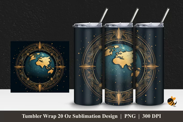 Handdrawn Globe Tumbler Wrap Sublimation Design 1