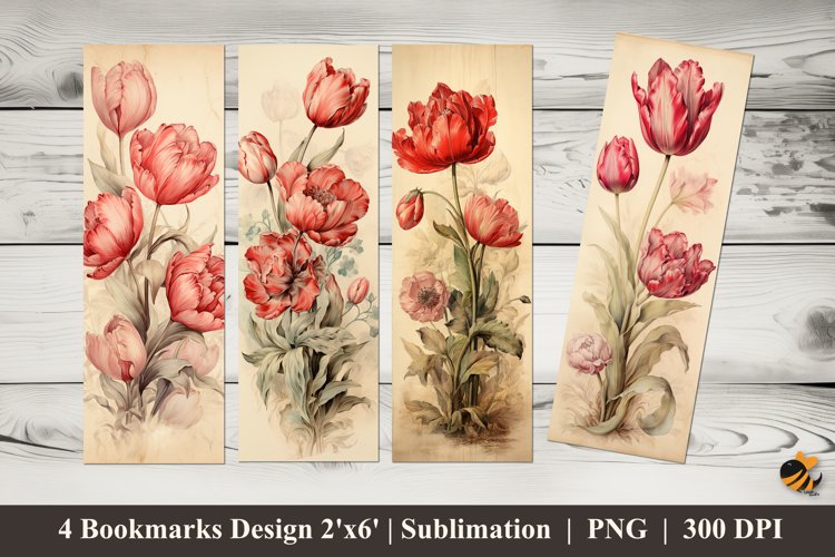 Vintage Tulips Bookmarks Sublimation Design example image 1