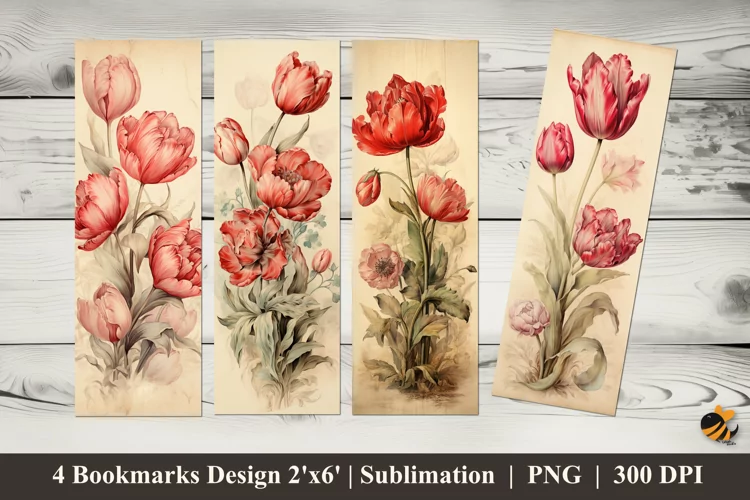 Vintage Tulips Bookmarks Sublimation Design