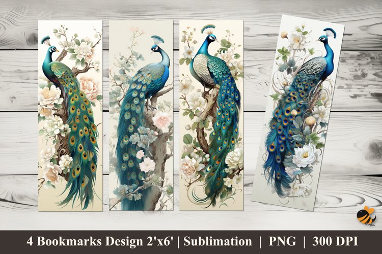 Peacock Flower Bookmarks Sublimation Design example image 1