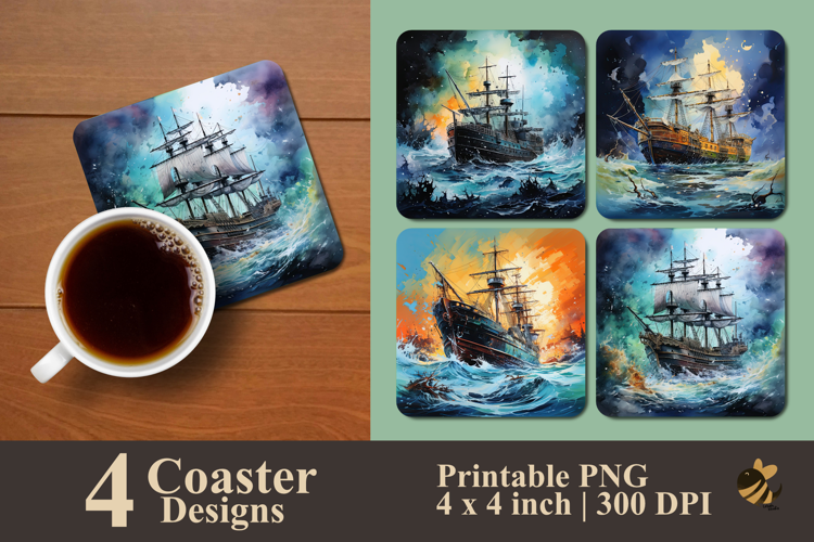 Painting Ship In The Sea Coaster Sublimation Design