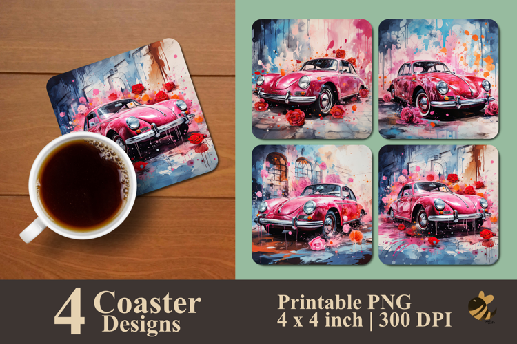 Painting Car And Rose Coaster Sublimation Design
