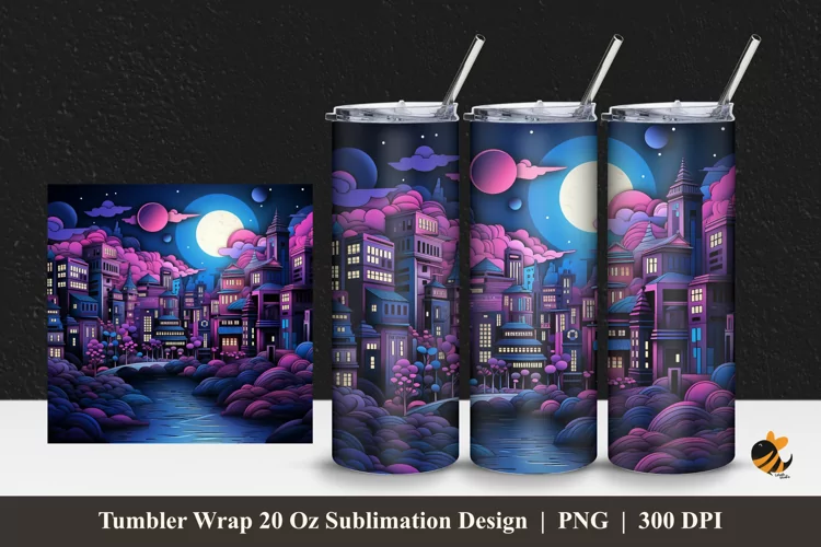 City At Night Tumbler Wrap Sublimation Design 1