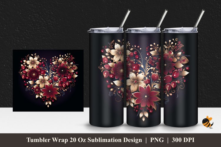 Flower Heart Tumbler Wrap Sublimation Design 1 example image 1