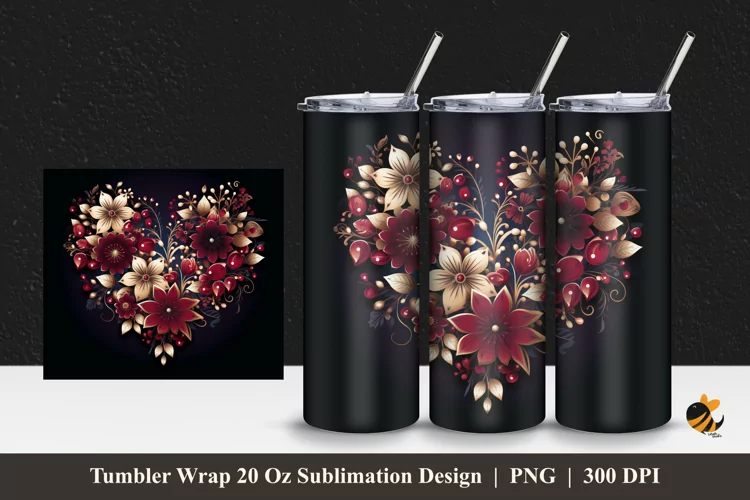 Flower Heart Tumbler Wrap Sublimation Design 1