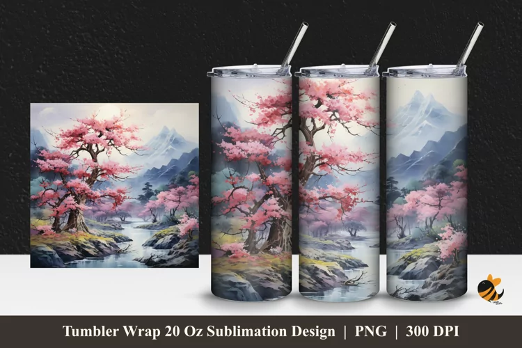 Sakura And Panoramic Tumbler Wrap Sublimation Design 1