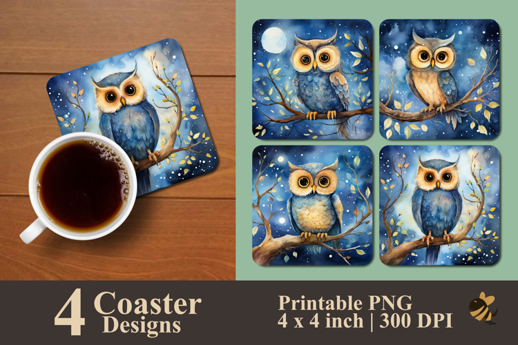 Cute Blue Owl At Night Coaster Sublimation Design