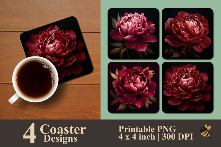 Realistic Burgundy Peony Flower Coaster Sublimation Design