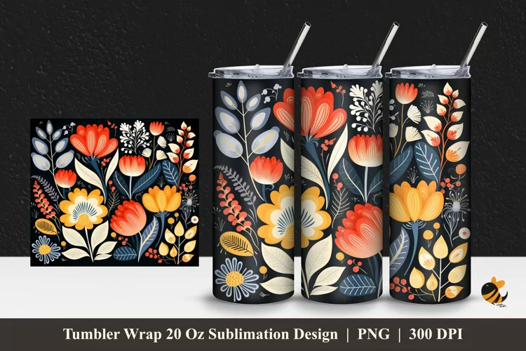 Scandinavian Floral Tumbler Wrap Sublimation Design 1