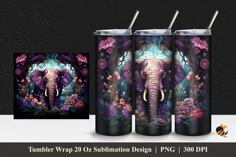 Flowering Elephant Tumbler Wrap Sublimation Design 1