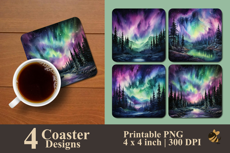 Aurora Borealis And Pine Forest Coaster Sublimation Design