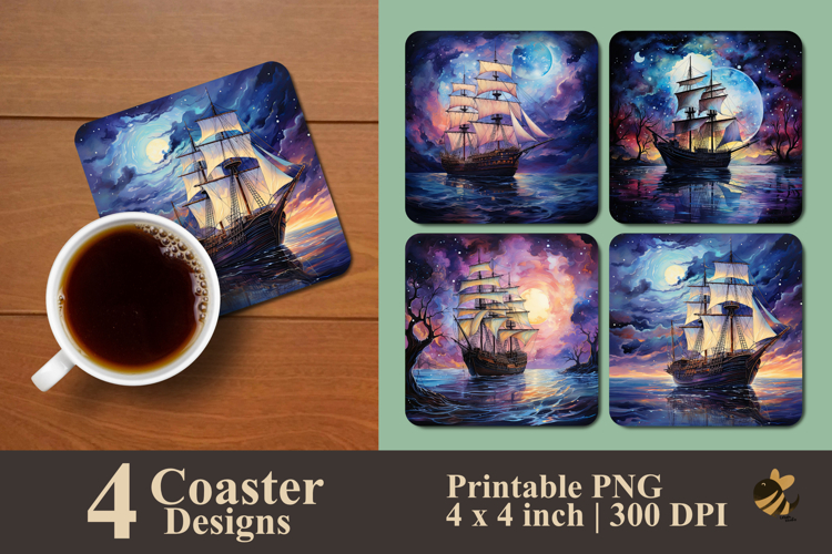 Ship Sailing At Night Coaster Sublimation Design