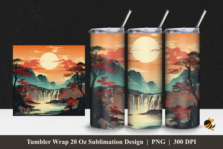 Vintage Waterfall Sunset Tumbler Wrap Sublimation Design 1