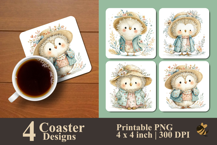 Adorable Hand Drawn Owl Coaster Sublimation Design