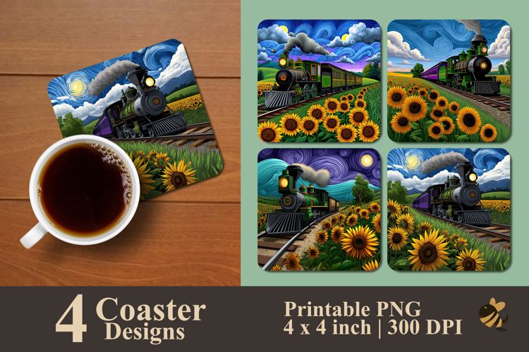 Sunflower And Train Coaster Sublimation Design