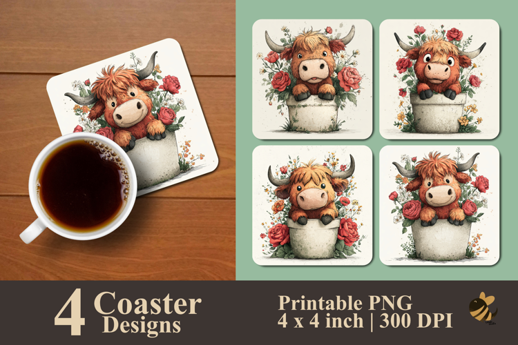 Baby Highland Cow With Flower Pot Coaster Sublimation Design
