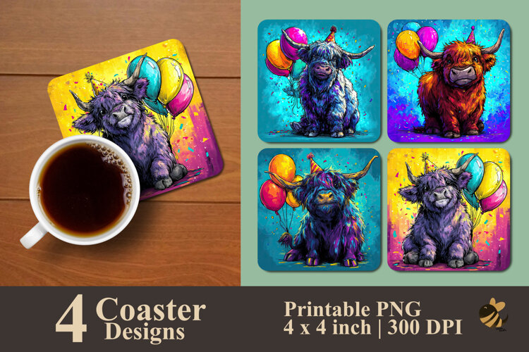 Highland Cattle Birthday Coaster Sublimation Design example image 1