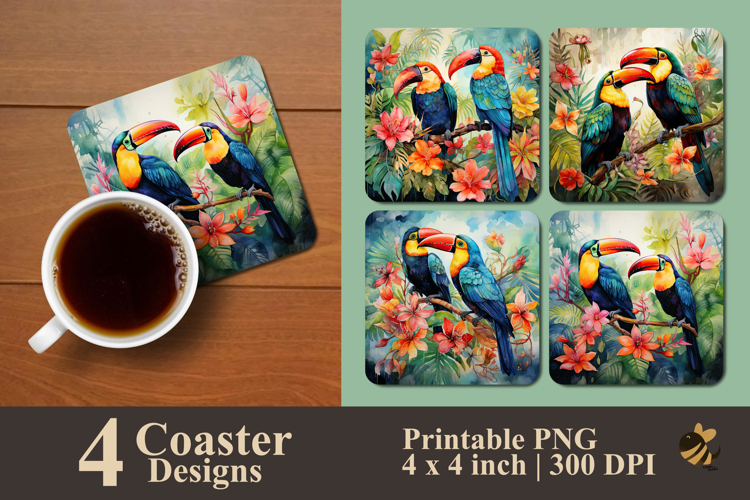Sunny Tropic Birds Watercolor Coaster Sublimation Design