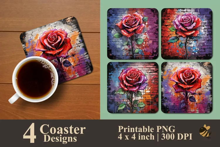Colorful Rose And Wall Coaster Sublimation Design