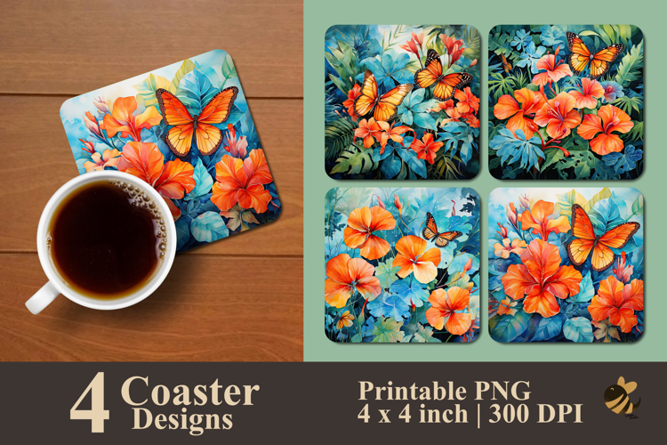 Tropical Flower With Butterfly Coaster Sublimation Design