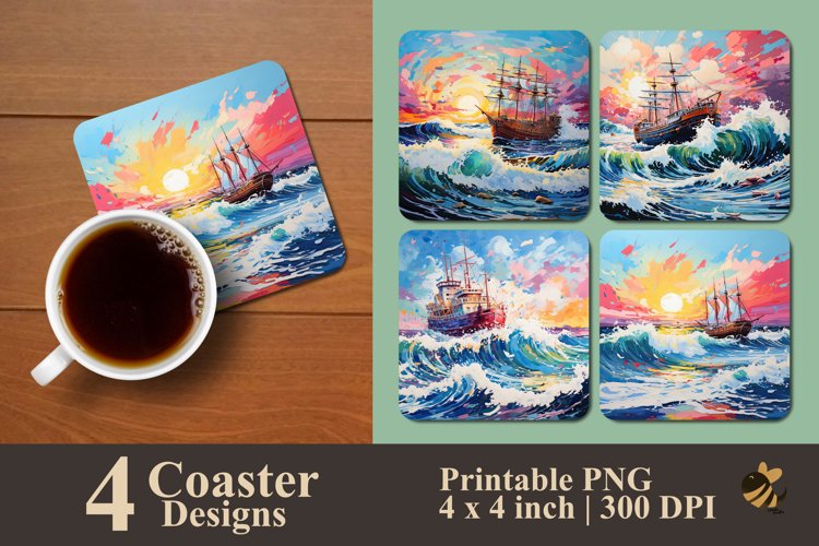 Colorful Ship And Wave Coaster Sublimation Designs example image 1