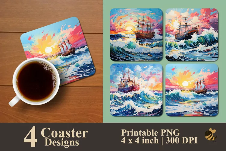 Colorful Ship And Wave Coaster Sublimation Designs