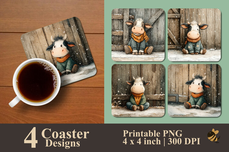 Cozy Farm Cow Coaster Sublimation Design example image 1
