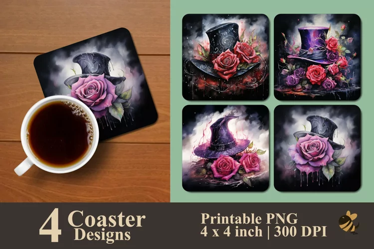 Magician Hat And Rose Coaster Sublimation Designs