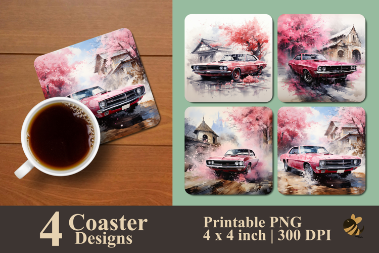 Pink Car And Sakura Coaster Sublimation Design