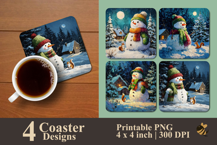 Snowman With Squirrel Coaster Sublimation Design