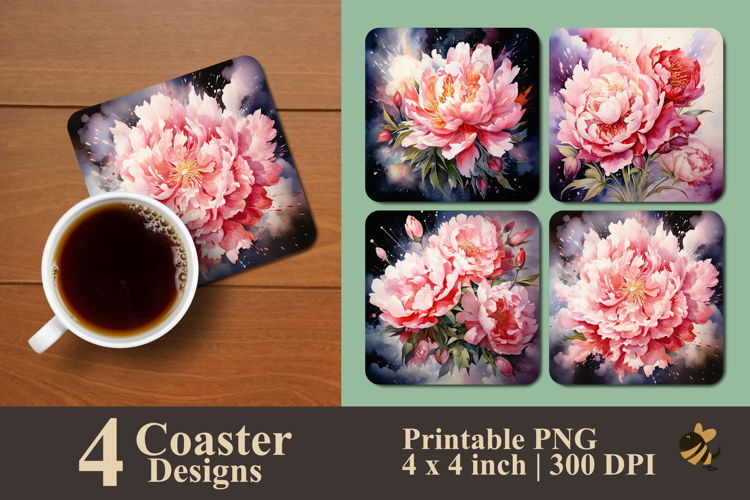 Misty Peony Flower Coaster Sublimation Design