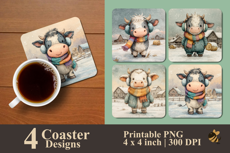 Cozy Winter Cow Coaster Sublimation Design