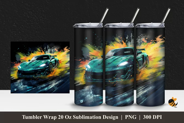 Green Car Tumbler Wrap Sublimation Design 1