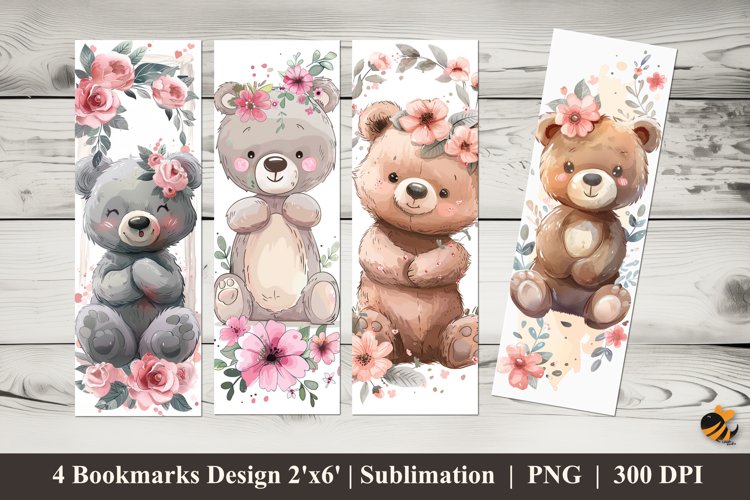 Baby Bear Flowers Bookmarks Sublimation Design