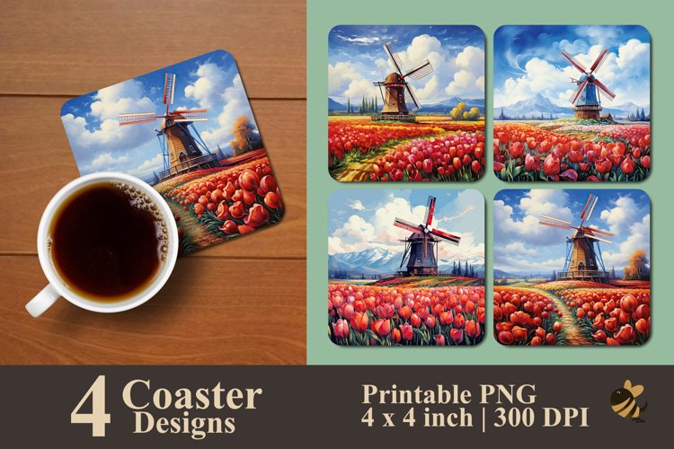 Windmill And Tulip Flower Coaster Sublimation Designs