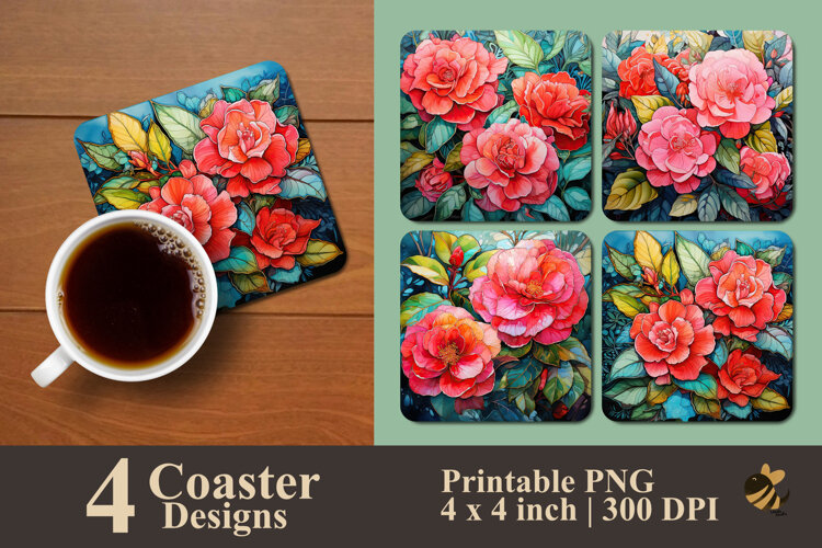 Camellia Flowers Coaster Sublimation Design example image 1